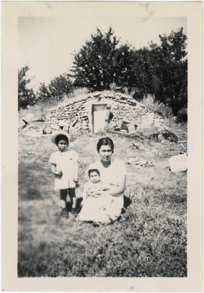 Mary, Shirley, and Hisae in the orchard