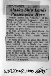 Newspaper article about Alaska II debarking passengers in Vancouver [textual records]