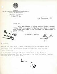 Letter from Soviet Embassy to Sydney Balarsky, forwarded to Susan Tolway with annotations by S. Balarsky