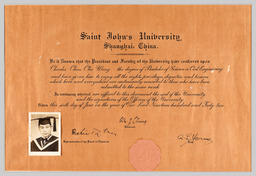 Saint John's University diploma of Charles Chun Chu Wang