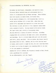 Susan Tolway reminiscence of her mother, Elizabeth Moorhouse