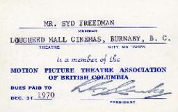 Motion Picture Theatre Association of British Columbia membership card