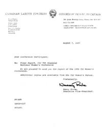 Cover Letter of the Final Report of the 1990 Canadian Labour Congress' Women's Conference.