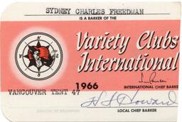 Syd Freedman's 1966 Variety Clubs International card