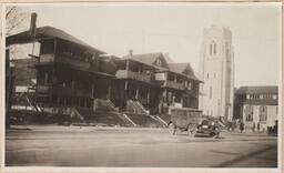Street view of row of houses and church tower - Nelson & Burrard Street