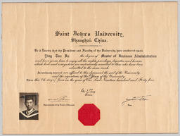 Saint John's University diploma of Ying Tao Fu