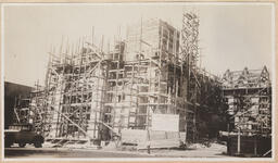 Exterior of church with construction scaffolding