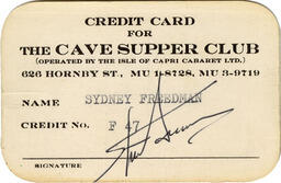 Credit card for the Cave Supper Club