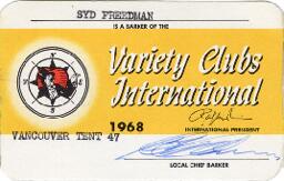 Syd Freedman's 1968 Variety Clubs International card